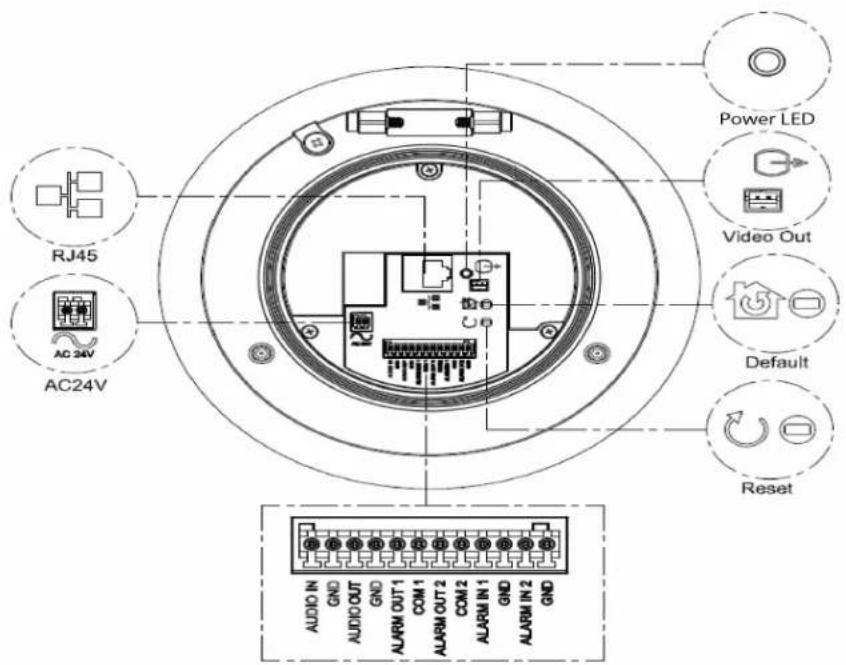 Power LED Video Out AC24V AC24V Default Reset AUDIO IN GND AUDIO OUT GND ALARM OUT1 COM 1 ALARM OUT2 COM 2 ALARM IN1 GND ALARM IN 2 GND