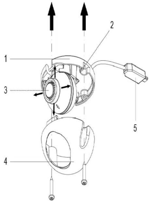 Technical diagram of a device with numbered parts and directional arrows indicating assembly or movement