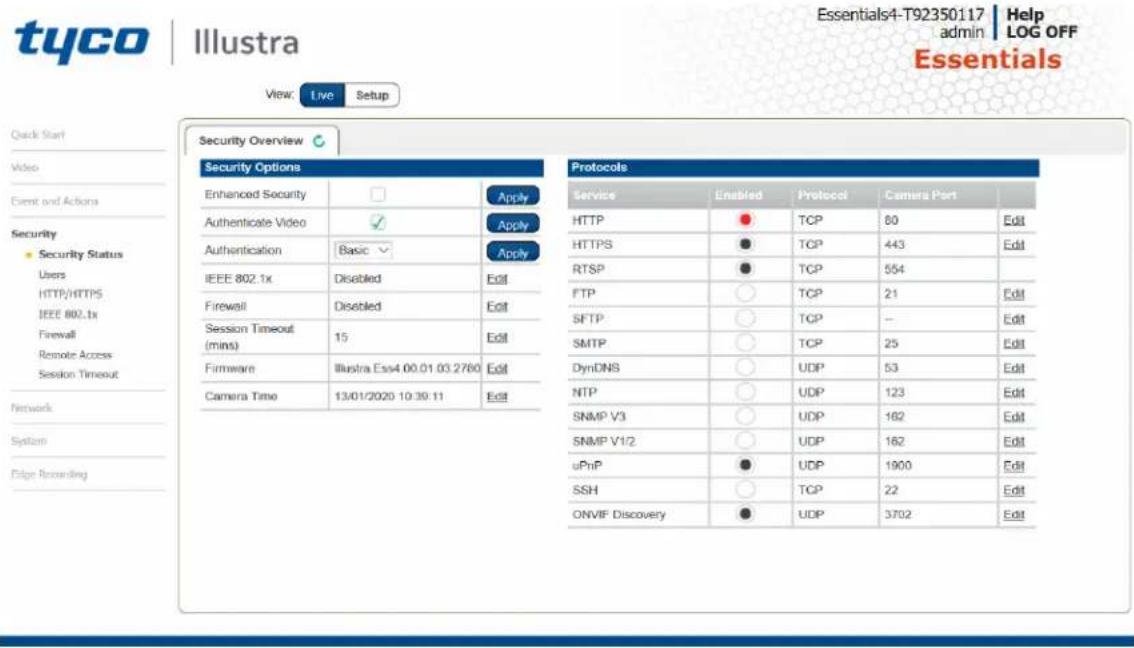 tyco Illustra View: Live Setup Essentials4-T92350117 Help admin LOG OFF Essentials Quick Start Video Client and Actions Security • Security Status Users HTTP/HTTPS IEEE 802.1x Firewall Remote Access Session Timeout Network System Edge Recording Security Overview Security Options Enhanced Security Ap…