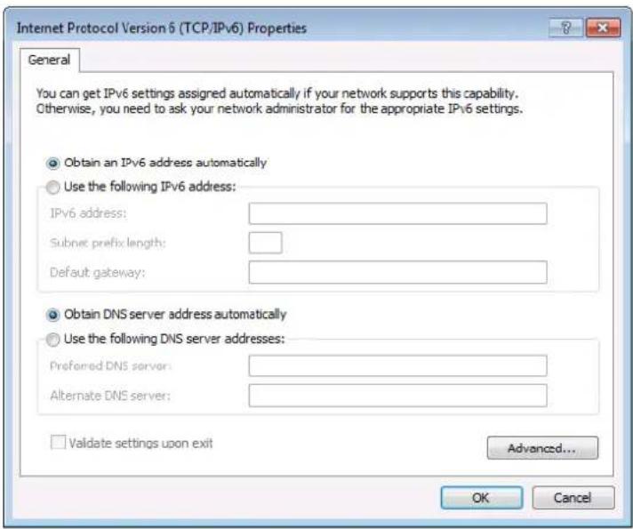 Internet Protocol Version 6 (TCP/IPv6) Properties General You can get IPv6 settings assigned automatically if your network supports this capability. Otherwise, you need to ask your network administrator for the appropriate IPv6 settings. Obtain an IPv6 address automatically Use the following IPv6 address: IPv6 address: Submit prefix length: Default gateway: Obtain DNS server address automatically Use the following DNS server addresses: Preferred DNS server: Alternate DNS server: Validate settings upon exit Advanced... OK Cancel