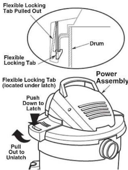 Flexible Locking Tab Pulled Out Drum Flexible Locking Tab Flexible Locking Tab (located under latch) Power Assembly Push Down to Latch Pull Out to Unlatch