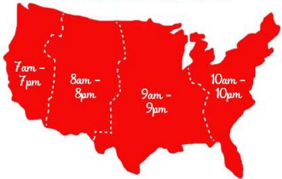 7am- 7pm 8am- 8pm 9am- 9pm 10am- 10pm