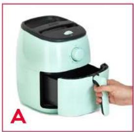 Hand holding a white light blue air fryer with black lid, no visible text or symbols on the device itself