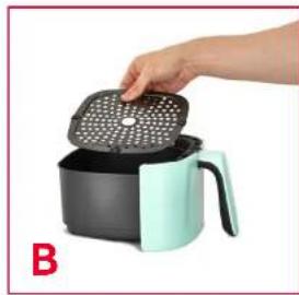 Hand placing a perforated lid onto a black and teal air fryer (no text or symbols visible)
