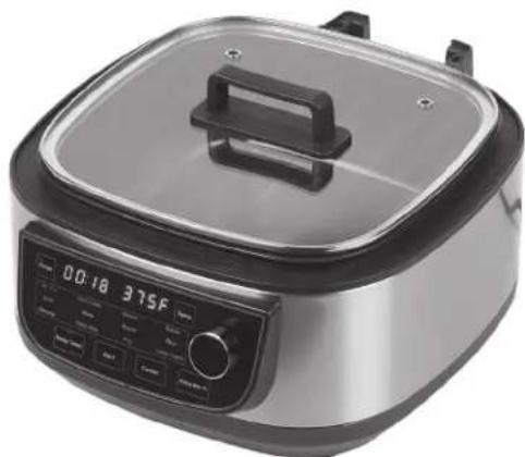 Exterior view of a modern kitchen rice cooker with digital display and control buttons (no visible text or symbols)