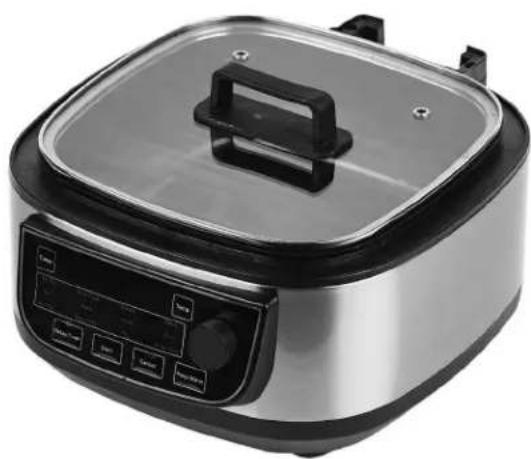 Exterior view of a modern rice cooker with control panel and lid (no visible text or symbols)