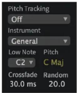 Pitch Tracking Off Instrument General Low Note C Pitch C2 C Maj Crossfade Random 30.0 ms 20.0