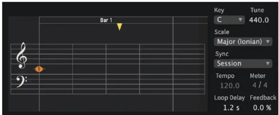 Bar 1 Key Tune C ▼ 440.0 Scale Major (lonian) ▼ Sync Session Tempo Meter 120.0 4 / 4 Loop Delay Feedback 1.2 s 0.0 %