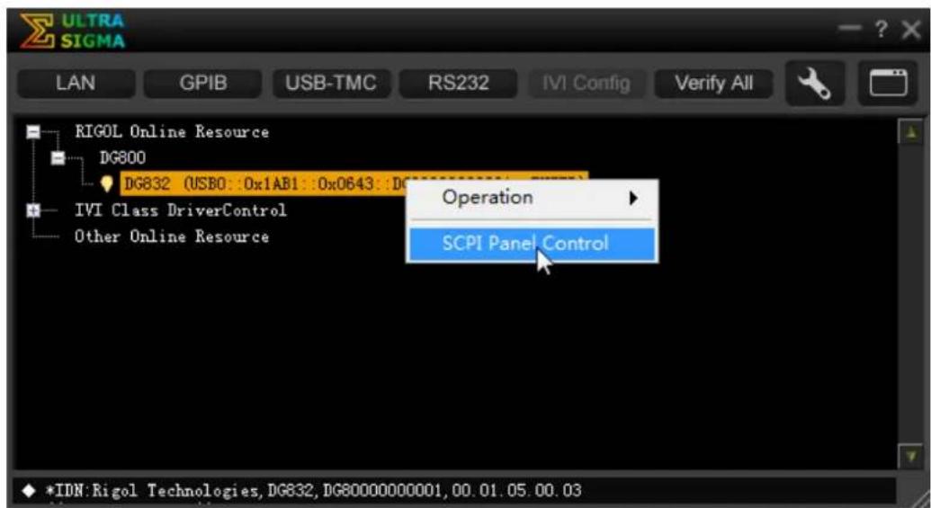 ULTRA SIGMA LAN GPIB USB-TMC RS232 IVI Config Verify All RIGOL Online Resource DG800 DG832 USB0:0x1AB1:0x0643:DG IVI Class DriverControl Other Online Resource Operation SCPI Panel Control *IDN: Rigol Technologies, DG832, DG80000000001, 00.01.05.00.03