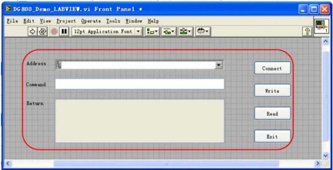DG800_Demo_LABVIEW.vi Front Panel * File Edit View Project Operate Tools Window Help 12pt Application Font Address % Command Return Connect Write Read Exit
