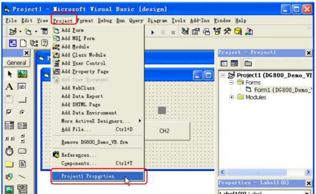 Project1 - Microsoft Visual Basic [design] File Edit View Project Format Debug Run Query Diagram Tools Add-Ins Window Help Add Form Add MDI Form Add Module Add Class Module Add User Control Add Property Page Add User Document Add WebClass Add Data Report Add DHTML Page Add Data Environment More ActiveX Designers... Add File... Ctrl+D Remove DG800_Demo_VB.frm References... Components... Ctrl+T Project1 Properties... CH2 Project1 (DG800_Demo_VB Forms Form1 (DG800_Demo_' Modules Properties - Label1 (0) Label1(0) Label