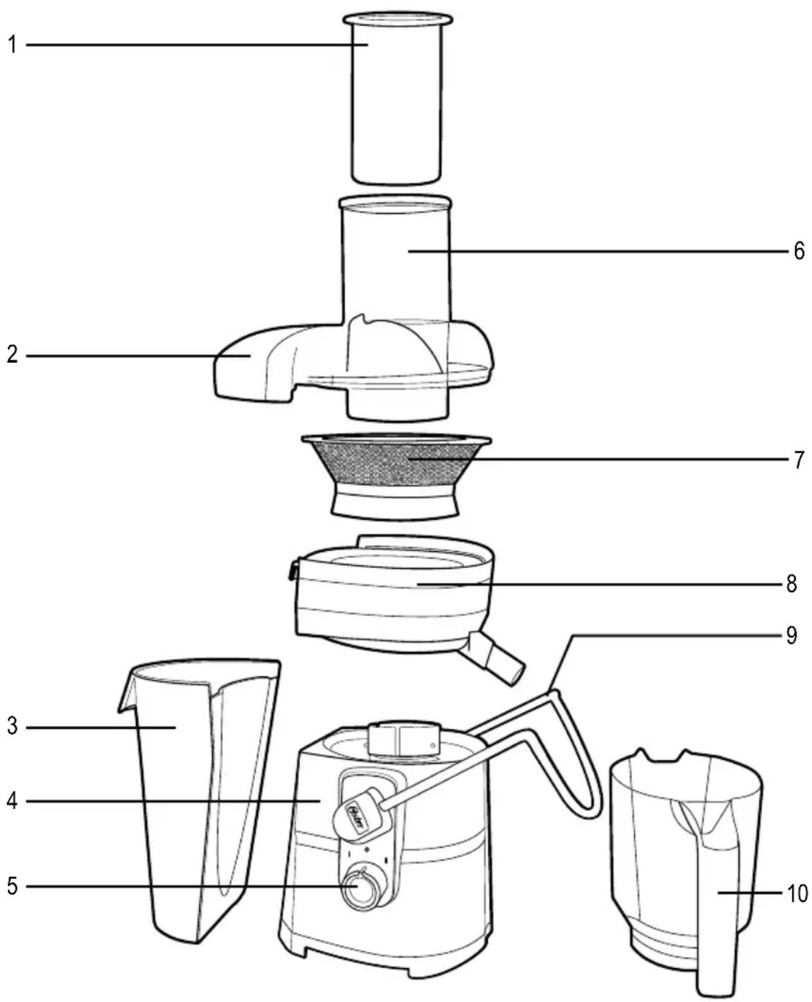 Exploded view diagram of a kitchen appliance with numbered parts for identification