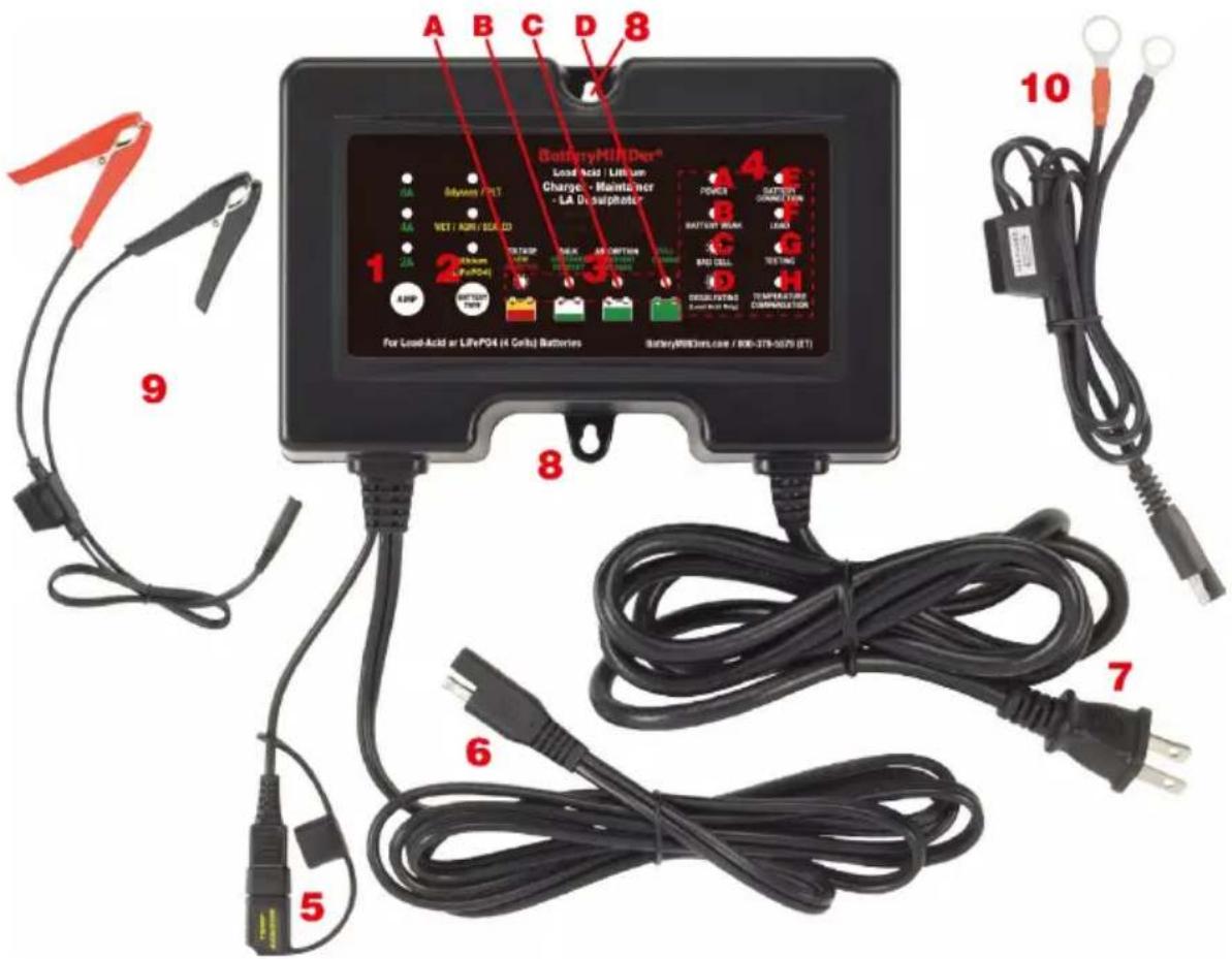 BatteryMHD/ER® Load Acid / Lithium Charge - Maintainer - LA Desulphenter 1 2 3 4 5 6 7 8 9 10 A B C D 1 A B C D 8 BANET / PET VET / ADR / SCA CD TESTROOM RUNS AIR SWITCH BASO CELL TESTING DESULFSTING Temperature CONNECTION For Load-Acid or LifePO4 (4 Cells) Batteries BatteryMHD/ER.com / 800-378-1079 (ET)