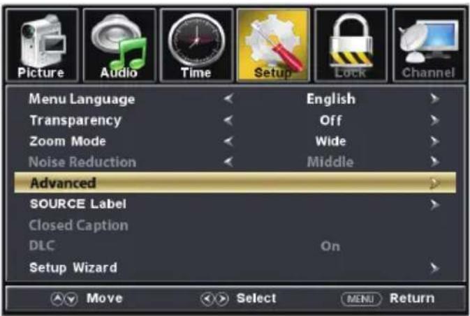 Picture Audio Time Setup Lock Channel Menu Language English Transparency Off Zoom Mode Wide Noise Reduction Middle Advanced SOURCE Label Closed Caption DLC On Setup Wizard Move Select MENU Return