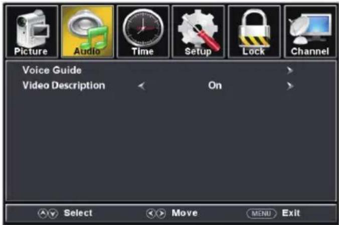 Picture Audio Time Setup Lock Channel Voice Guide Video Description On Select Move MENU Exit