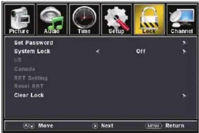 Picture Audio Time Setup Lock Channel Set Password System Lock Off US Canada RRT Setting Reset RRT Clear Lock Move Next MENU Return