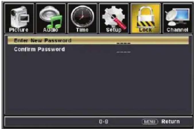 Picture Audio Time Setup Lock Channel Enter New Password Confirm Password 0-9 MENU Return
