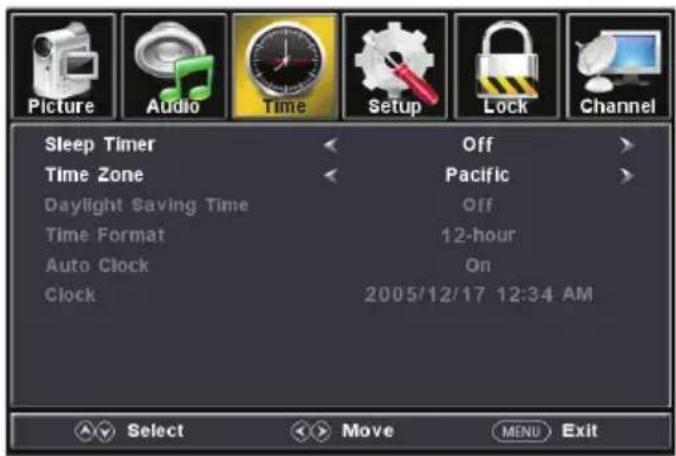 Picture Audio Time Setup Lock Channel Sleep Timer Off Time Zone Pacific Daylight Saving Time Off Time Format 12-hour Auto Clock On Clock 2005/12/17 12:34 AM Select Move MENU Exit