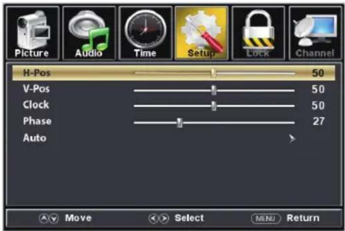 Picture Audio Time Setup Lock Channel H-Pos 50 V-Pos 50 Clock 50 Phase 27 Auto Move Select MENU Return