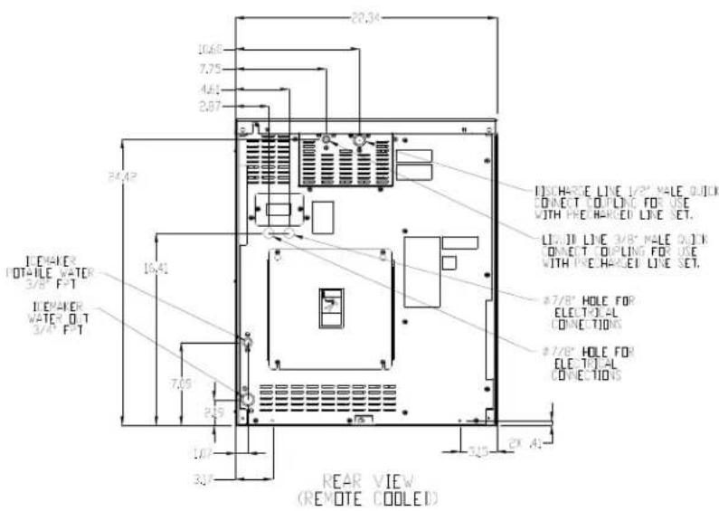 10.68 7.75 4.42 2.87 22.34 R4.42 IOWHARE LINE 1/2" MALE QUICK CONNECT COOLING FOR USE WITH PHE-HARGED LINE SET. LIGJIN LINE 3/8" MALE QUICK CONNECT COULING FOR USE WITH PHE-HARGED LINE SET. #7/8" HOLE FOR ELEC-TIL-AL (CONNECTIONS) #7/8" HOLE FOR ELEC-TIL-AL (CONNECTIONS) 7.65 R1.9 1.07 3.0° 3.15 2X A1 REAR VIEW (REMOTE COOLED)