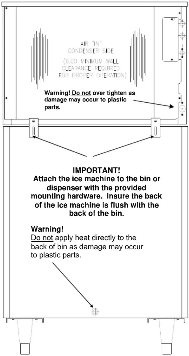 AIR "IN" CONDENSER SIDE (6.00 MINIMUM WALL CLEARANCE REQUIRED FOR PROPER OPERATION) Warning! Do not over tighten as damage may occur to plastic parts. IMPORTANT! Attach the ice machine to the bin or dispenser with the provided mounting hardware. Insure the back of the ice machine is flush with the back of the bin. Warning! Do not apply heat directly to the back of bin as damage may occur to plastic parts.