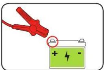 Diagram showing a red clamp testing a battery with positive and negative charge, indicating charging or discharging.