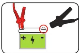 Diagram showing a battery with red clamps and a black plug, indicating charging or discharging process.