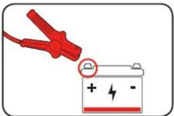 Diagram showing a red clamp plug connecting a battery to a terminal with positive and negative charge symbols