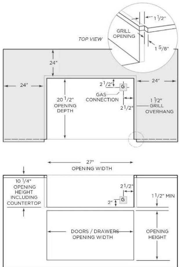 TOP VIEW 24" 20 1/2" OPENING DEPTH 21/2" G GAS CONNECTION 21/2" 24" 27" OPENING WIDTH 10 1/4" OPENING HEIGHT INCLUDING COUNTERTOP 21/2" 2" DOORS / DRAWERS OPENING WIDTH 11/2" MIN OPENING HEIGHT
