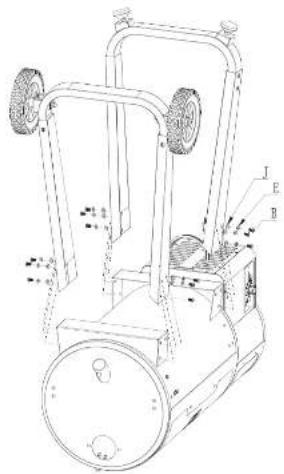 Technical diagram of a mechanical device with labeled parts I, E, and B