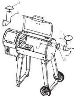 Technical diagram of a portable grill with labeled parts and directional arrows indicating components