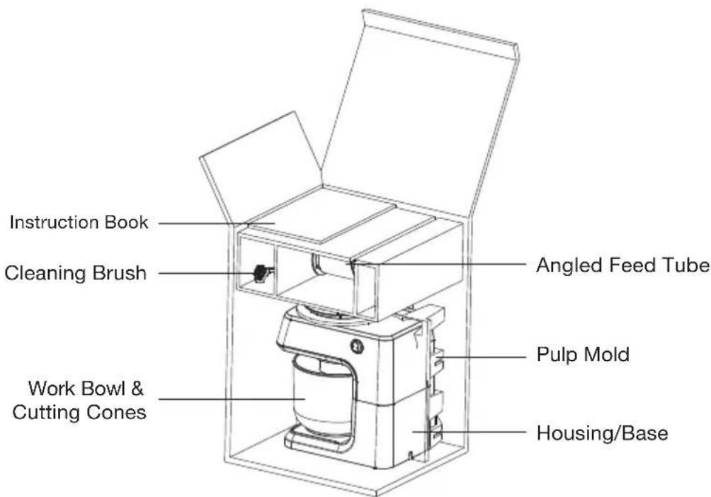Instruction Book Cleaning Brush Angled Feed Tube Pulp Mold Work Bowl & Cutting Cones Housing/Base