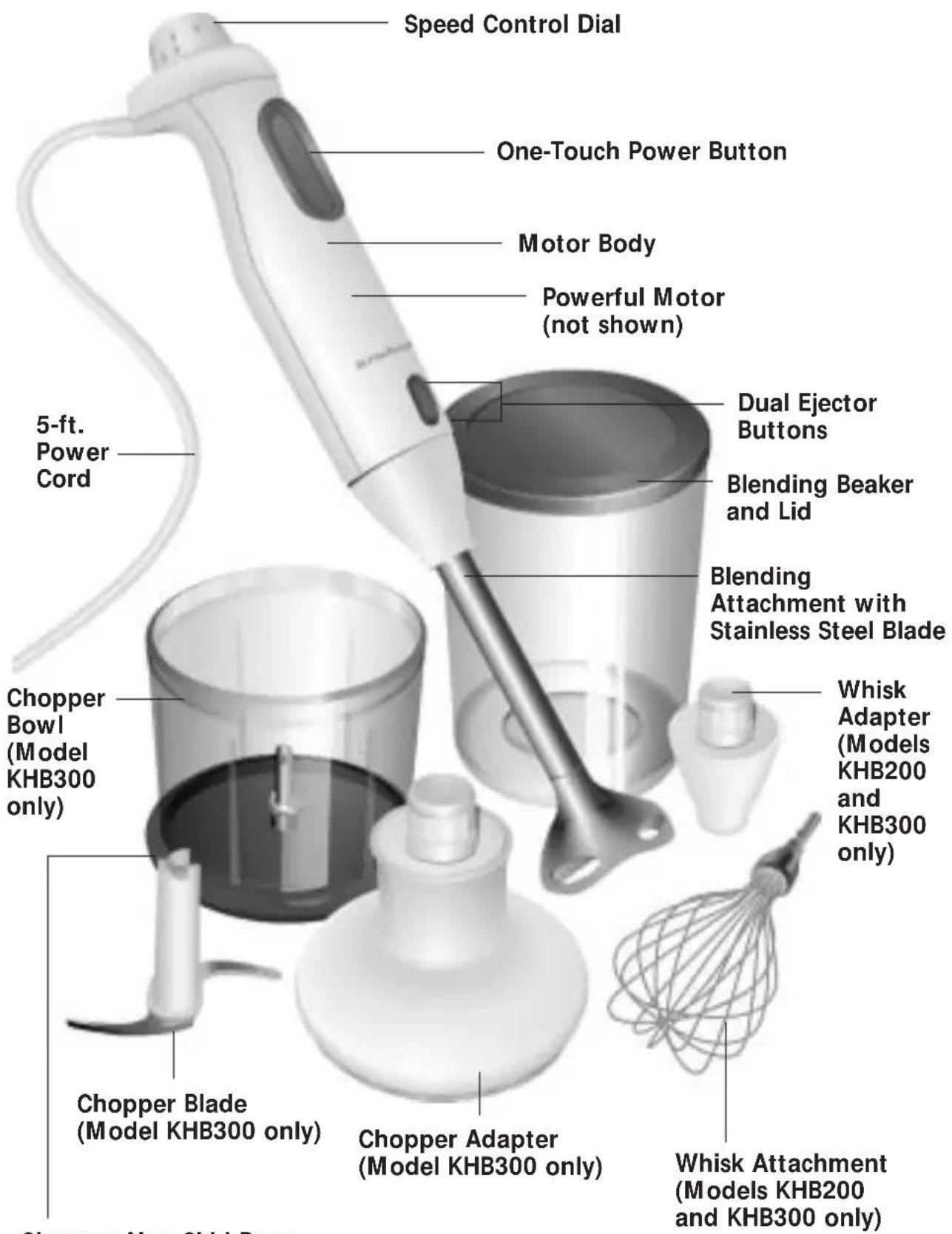 Speed Control Dial One-Touch Power Button Motor Body Powerful Motor (not shown) Dual Ejector Buttons 5-ft. Power Cord Blending Beaker and Lid Blending Attachment with Stainless Steel Blade Chopper Bowl (Model KHB300 only) Whisk Adapter (Models KHB200 and KHB300 only) Chopper Blade (Model KHB300 only) Chopper Adapter (Model KHB300 only) Whisk Attachment (Models KHB200 and KHB300 only)