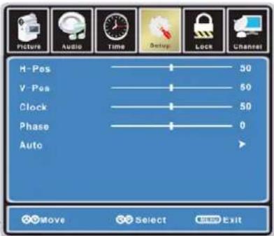 Picture Audio Time Setup Lock Channel H-Pos 50 V-Pos 50 Clock 50 Phase 0 Auto >