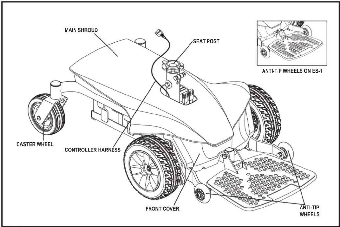 MAIN SHROUD SEAT POST ANTI-TIP WHEELS ON ES-1 CASTER WHEEL CONTROLLER HARNESS FRONT COVER ANTI-TIP WHEELS