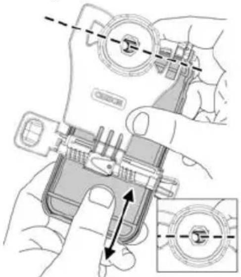 Technical diagram showing hand operating a device with labeled components and directional arrows indicating movement or assembly.