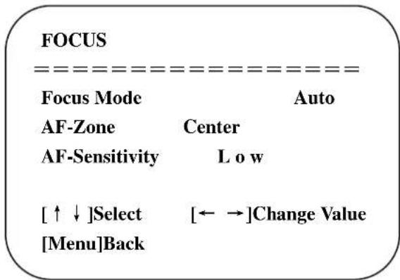 FOCUS --------= ------------------------= Focus Mode Auto AF-Zone Center AF-Sensitivity Low [↑↓]Select [←→]Change Value [Menu]Back