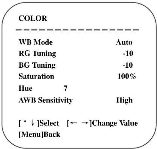 COLOR ==================== WB Mode Auto RG Tuning -10 BG Tuning -10 Saturation 100% Hue 7 AWB Sensitivity High [↑↓]Select [←→]Change Value [Menu]Back