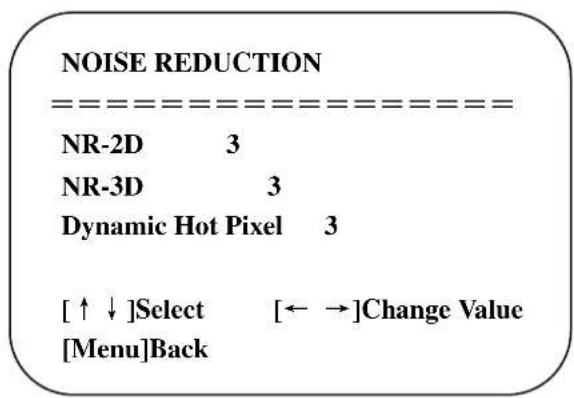 NOISE REDUCTION NR-2D 3 NR-3D 3 Dynamic Hot Pixel 3 [↑↓]Select [←→]Change Value [Menu]Back