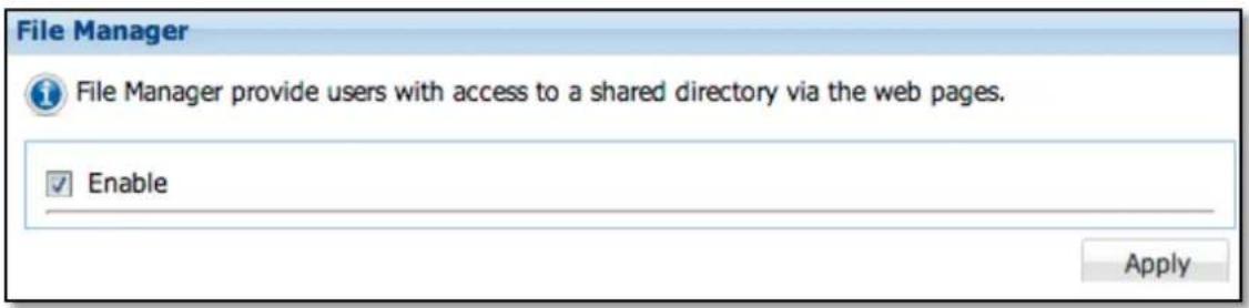 File Manager File Manager provide users with access to a shared directory via the web pages. Enable Apply