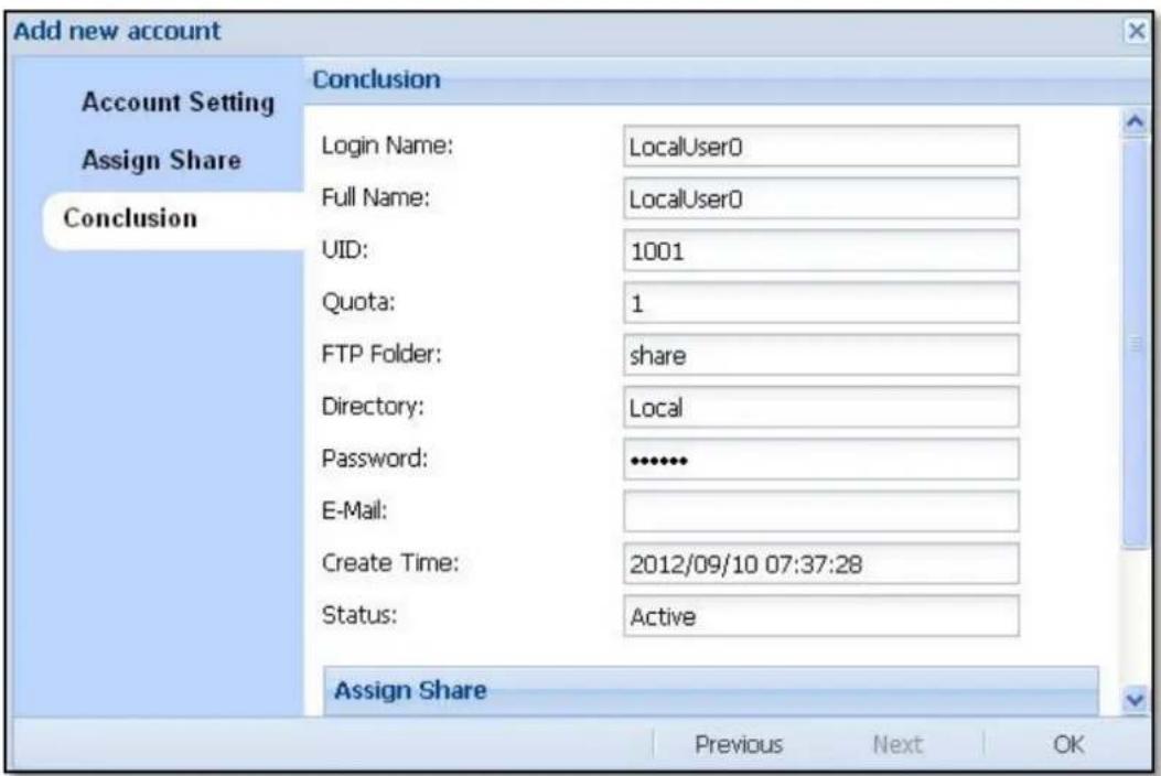 Add new account Account Setting Assign Share Conclusion Login Name: LocalUser0 Full Name: LocalUser0 UID: 1001 Quota: 1 FTP Folder: share Directory: Local Password: •••••• E-Mail: Create Time: 2012/09/10 07:37:28 Status: Active Assign Share Previous Next OK