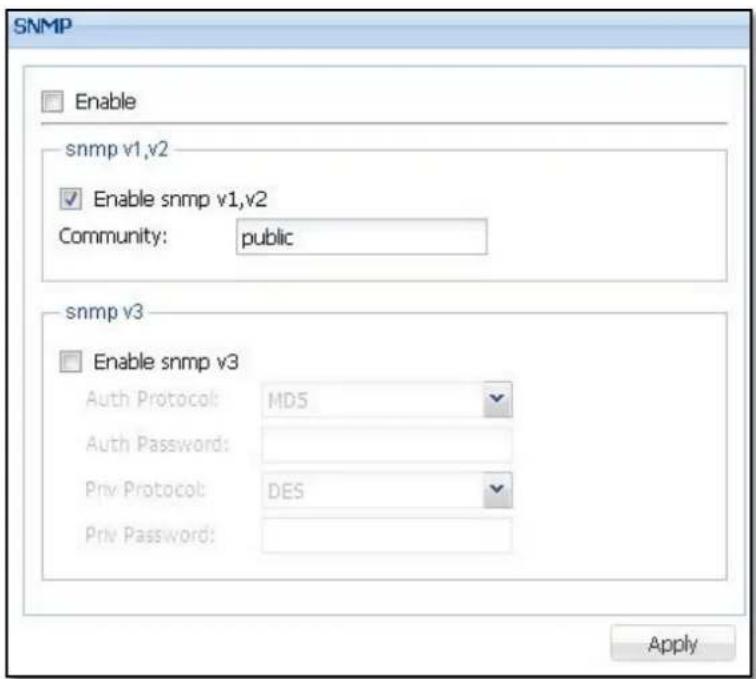 SNMP Enable snmp v1,v2 Enable snmp v1,v2 Community: public snmp v3 Enable snmp v3 Auth Protocol: MD5 Auth Password: Priv Protocol: DES Priv Password: Apply
