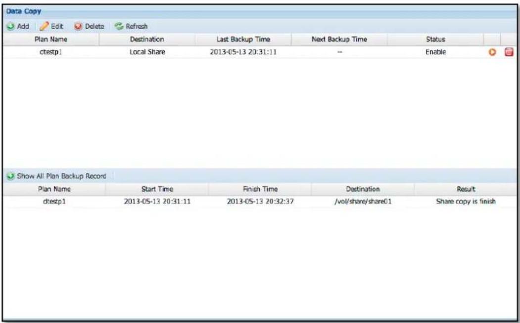 Data Copy Add Edit Delete Refresh Plan Name Destination Last Backup Time Next Backup Time Status ctestp1 Local Share 2013-05-13 20:31:11 -- Enable Show All Plan Backup Record Plan Name Start Time Finish Time Destination Result dtestp1 2013-05-13 20:31:11 2013-05-13 20:32:37 /vol/share/share01 Share copy is finish
