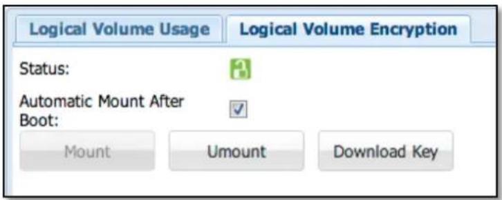 Logical Volume Usage Logical Volume Encryption Status: Automatic Mount After Boot: Mount Umount Download Key