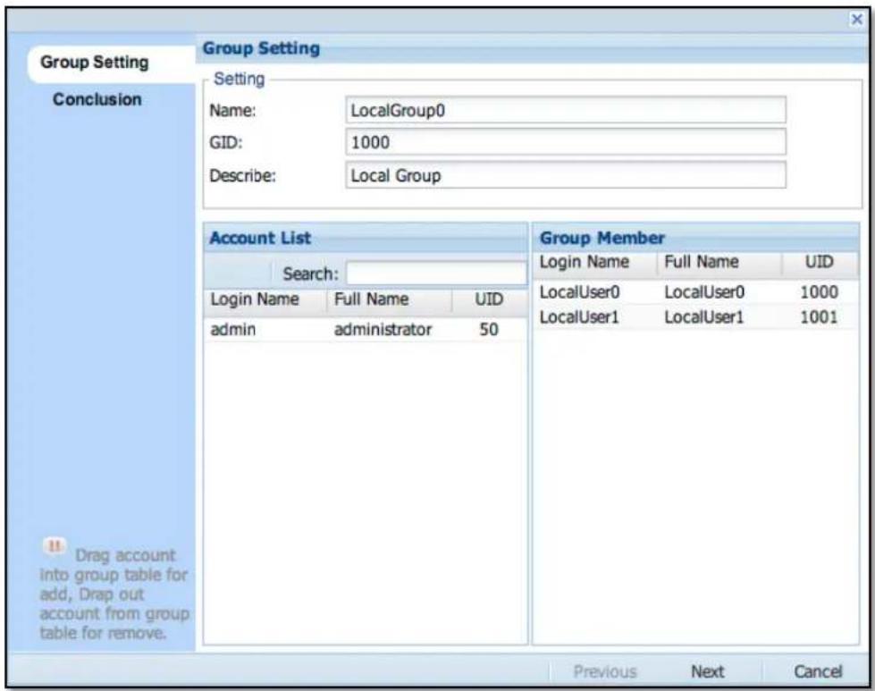 Group Setting Conclusion Group Setting Setting Name: LocalGroup0 GID: 1000 Describe: Local Group Account List Search: Login Name Full Name UID admin administrator 50 Group Member Login Name Full Name UID LocalUser0 LocalUser0 1000 LocalUser1 LocalUser1 1001 Drag account into group table for add, Drap out account from group table for remove. Previous Next Cancel
