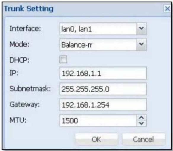 Trunk Setting Interface: lan0, lan1 Mode: Balance-rr DHCP: IP: 192.168.1.1 Subnetmask: 255.255.255.0 Gateway: 192.168.1.254 MTU: 1500 OK Cancel