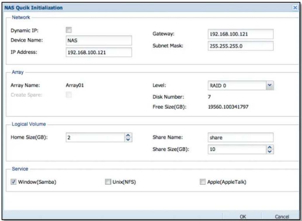 NAS Quick Initialization Network Dynamic IP: Device Name: NAS IP Address: 192.168.100.121 Gateway: 192.168.100.121 Subnet Mask: 255.255.255.0 Array Array Name: Array01 Create Spare: Level: RAID 0 Disk Number: 7 Free Size(GB): 19560.100341797 Logical Volume Home Size(GB): 2 Share Name: share Share Size(GB): 10 Service ✓ Window(Samba) Unix(NFS) Apple(AppleTalk) OK Cancel