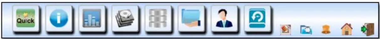 Row of app icons including Quick, i, chart, financial, data, folder, person, and email with corresponding icons below