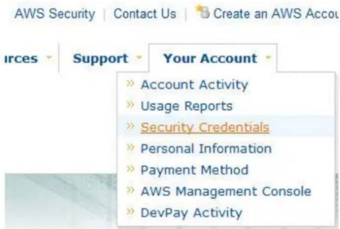 AWS Security | Contact Us | Create an AWS Accou Irces Support Your Account » Account Activity » Usage Reports » Security Credentials » Personal Information » Payment Method » AWS Management Console » DevPay Activity
