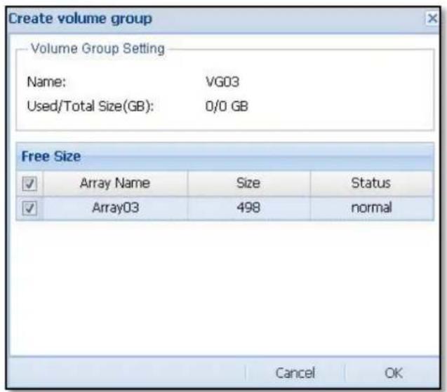 Create volume group Volume Group Setting Name: VG03 Used/Total Size(GB): 0/0 GB Free Size ✓ Array Name Size Status ✓ Array03 498 normal Cancel OK